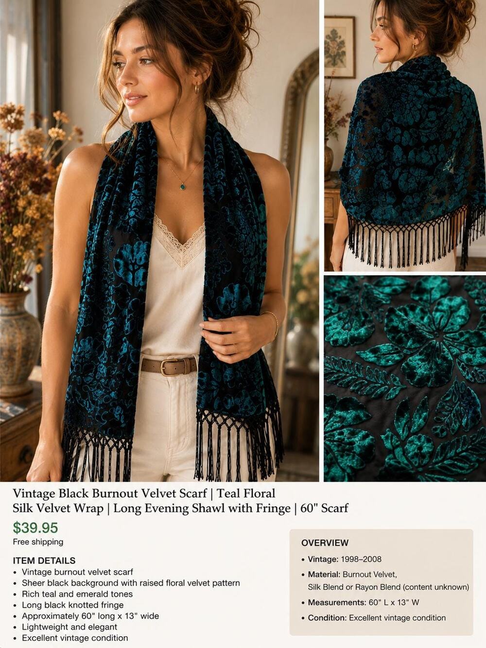 Vintage Black Burnout Velvet Scarf | Teal Floral Silk Velvet Wrap | 60" Scarf